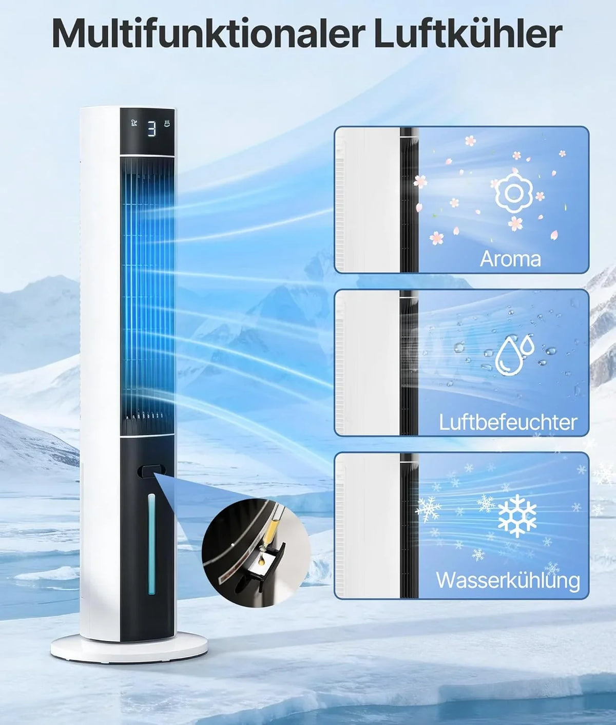 Turmventilator Luftkühler mit Wasserkühlung - Mobile Klimaanlage ohne Abluftschlauch. Ventilator mit Kühlung Leise. 3 Modi-12H Timer-Aroma-