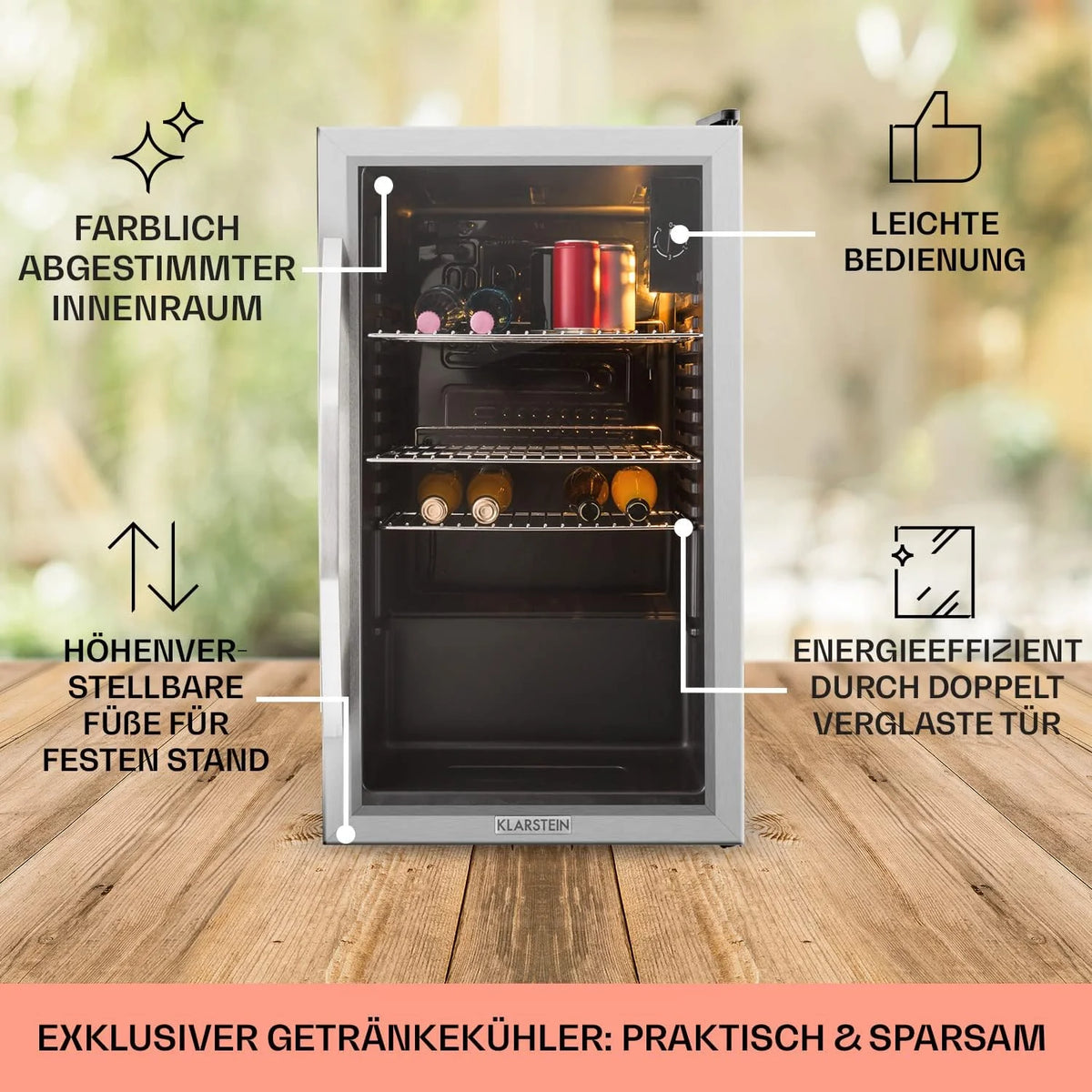Klarstein Mini Kühlschrank mit Glastür. Mini. für Zimmer. Getränkekühlschrank Klein mit Verstellbaren Ablagen. 80 Liter. Indoor/Outdoor Kühlschrank