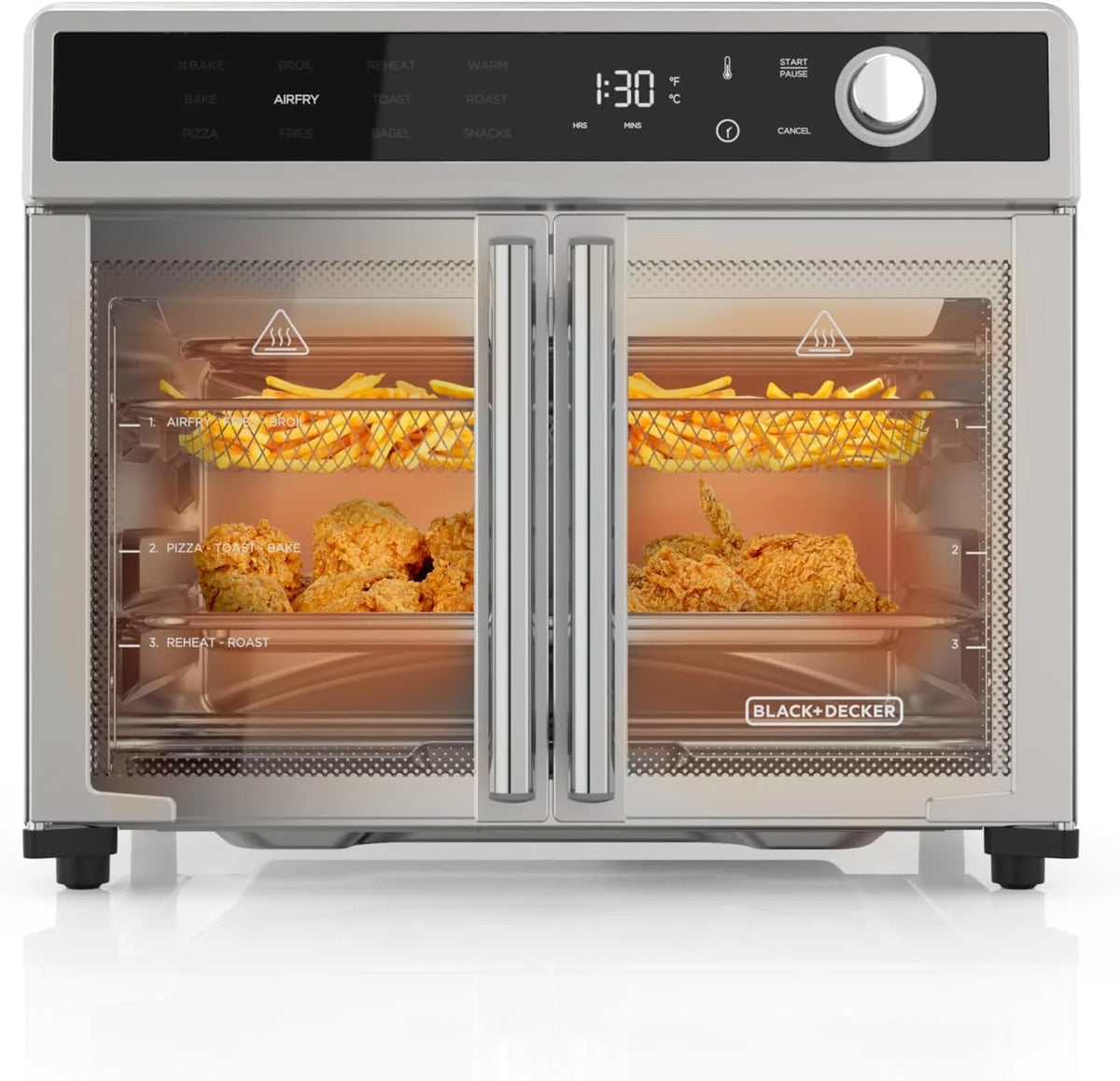 Fryer Toaster Oven Combo. 12 in 1 Countertop Convection Oven Cooks Food Fast. Fits a Whole Pizza or 6 Toast Slices. French Doors with Stainless Steel Finish