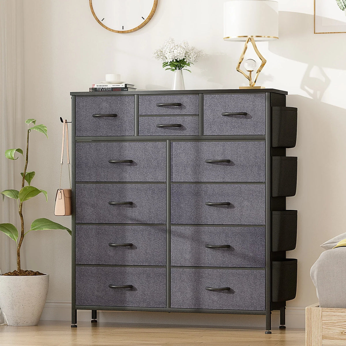 12 Drawer Fabric Dresser. Tall Bedroom Chest of Drawers with Storage