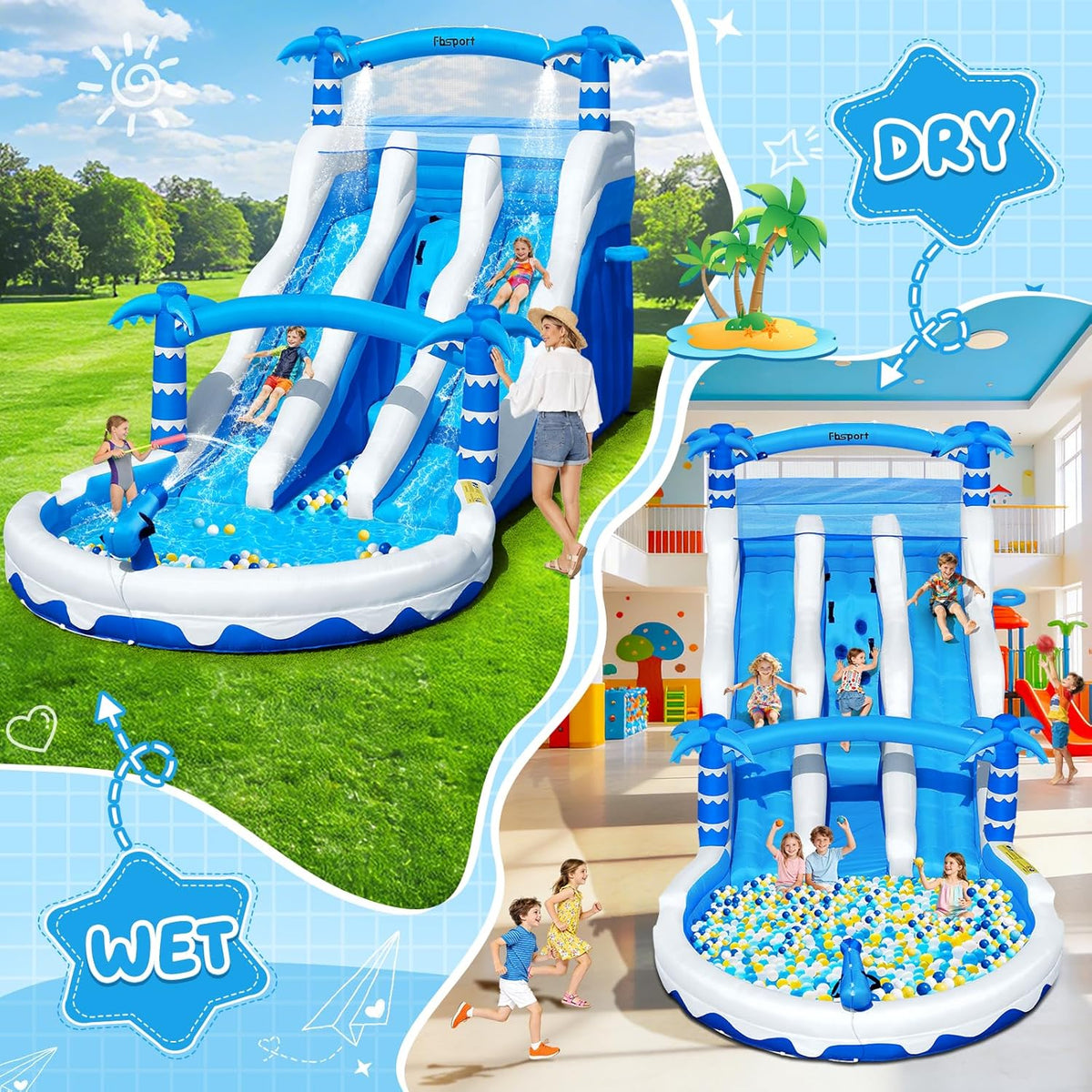 Hüpfburg XXL mit 2 Wasserrutsche für Gewerblichen Erwachsene & Kinder. Aufblasbare Bouncy Castle für Indoor Outdoor mit Gebläse Größe Pool Rutsche