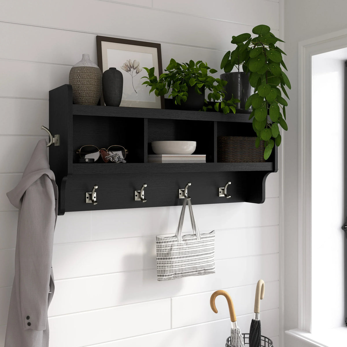 40 Inch Wall Mounted Coat Rack with Shelf. Wooden Entryway Storage and Hanging Organizer