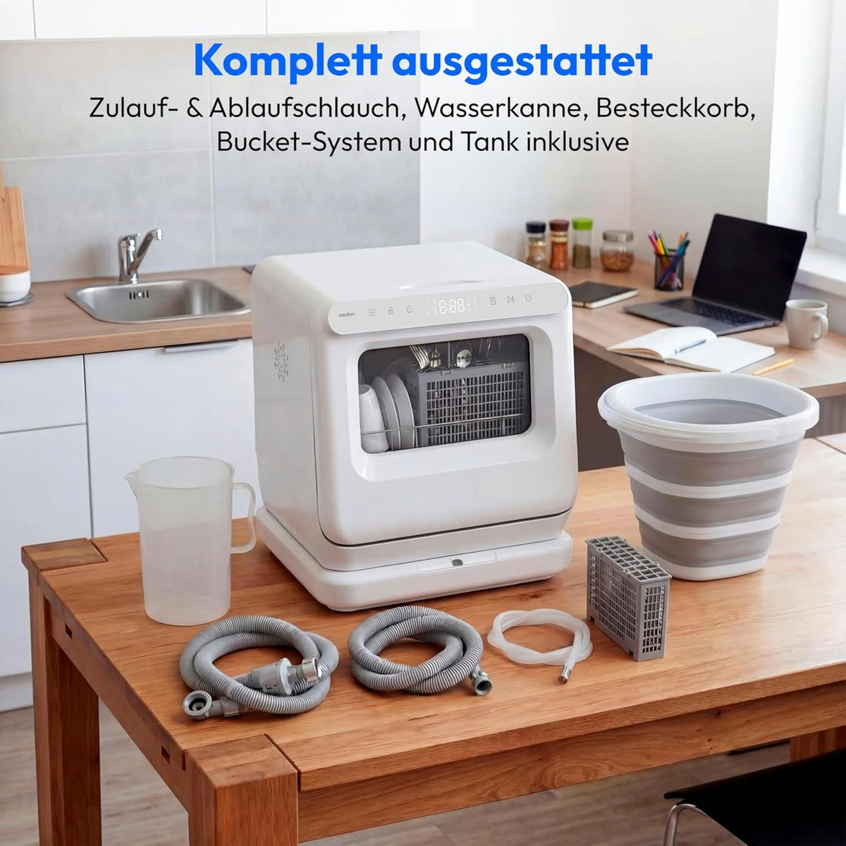 MEDION Mini Geschirrspüler DWT30. 3 Maßgedecke. Tischgeschirrspüler. funktioniert mit/ohne Wasseranschluss. 6 Programme. UV-Licht. Lüfter-Trocknung.