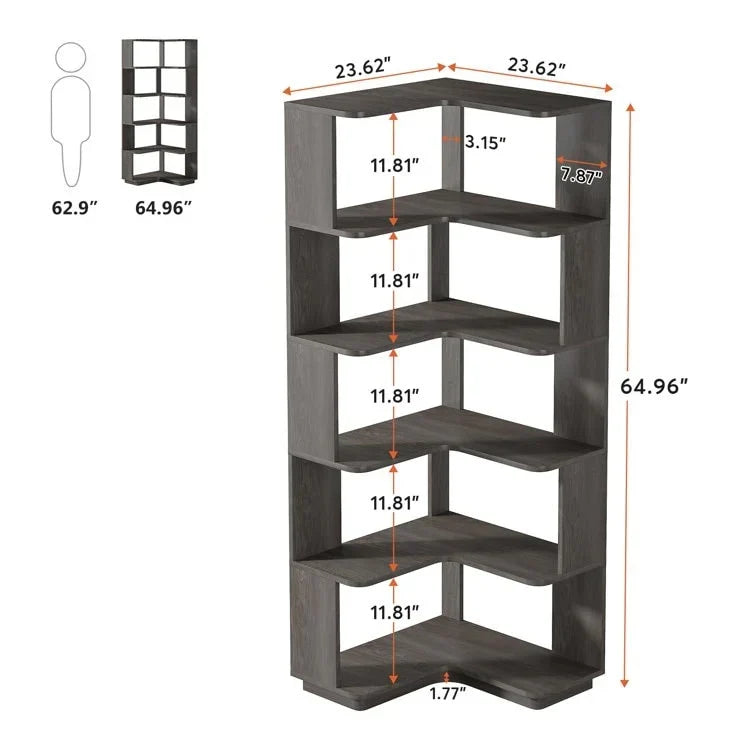 64.9 Inch Tall 6-Tier Corner Bookshelf. Freestanding Wood Industrial Bookcase