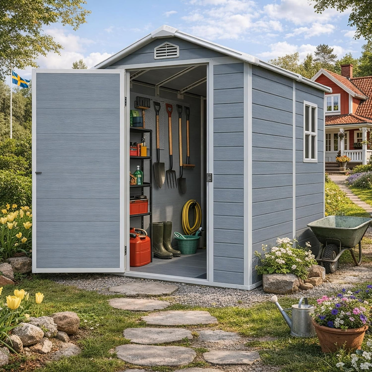 Gartenhaus Lönneberga 2.5m² Kunststoff | Polypropylen (PP) Geräteschuppen witterungsbeständig 124 x 191 x 167/199 cm (B x T x H) grau