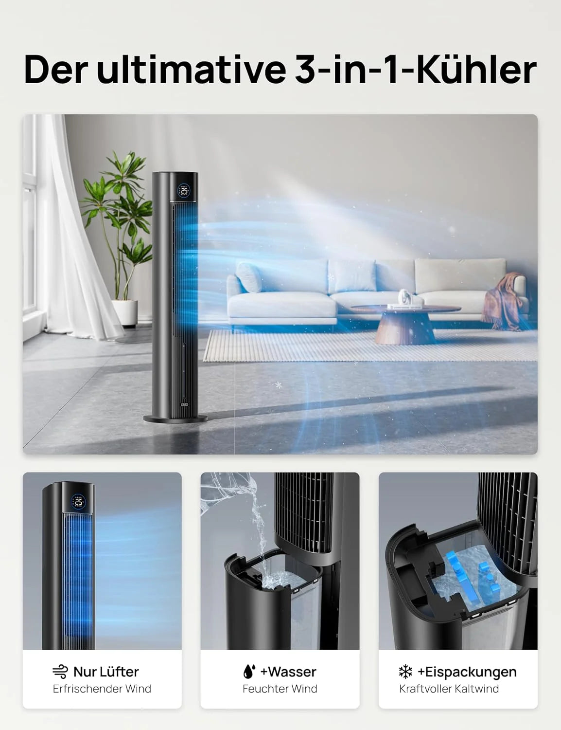 DREO Turmventilator mit Wasserkühlung. 110 cm Luftkühler mit Wasserkühlung Leise. 4-Geschwindigkeiten-4-Modi Verdunstungskühler. APP-Steuerung.