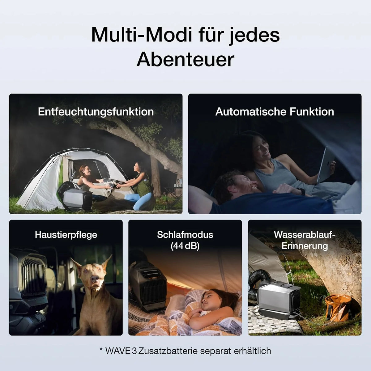 ECOFLOW WAVE 3 Tragbare Klimaanlage. 1800 W/6100 BTU Kühlen. 2000 W/6800 BTU Heizen. 1000 W Schnellladen (75 Min.). 8 Std. Akkulaufzeit. App-Steuerung