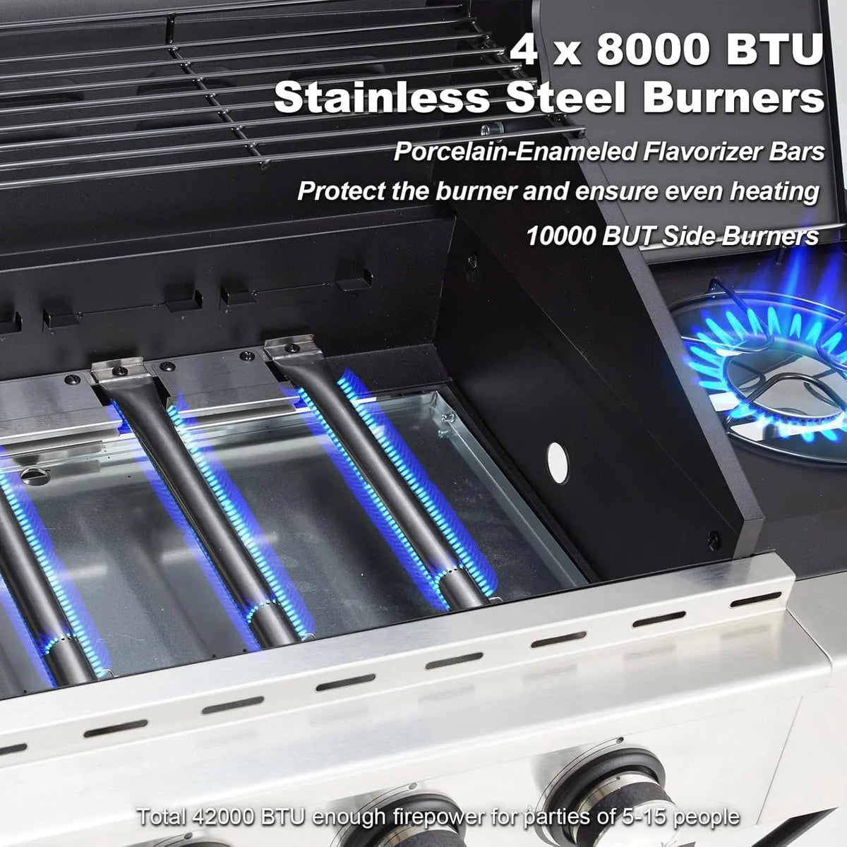 4-Burner Propane Gas Grill with Cast Iron Grates. Side Stove and 44.000 BTU Stainless Steel Burners
