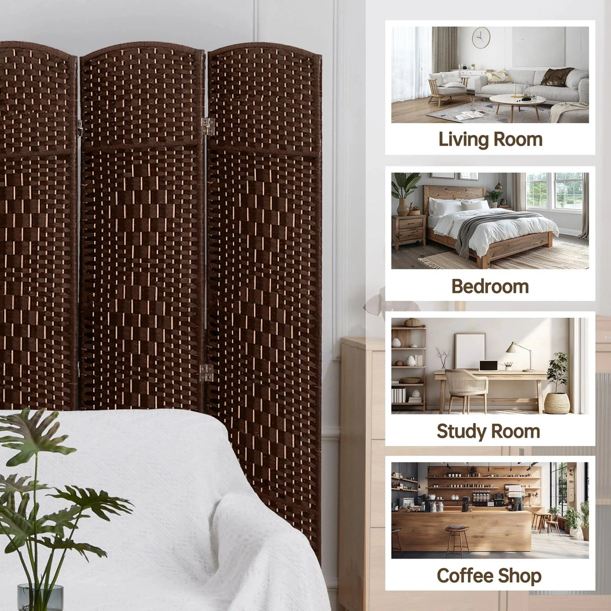6 FT Tall Woven Fiber Room Divider. Freestanding Folding Privacy Screen