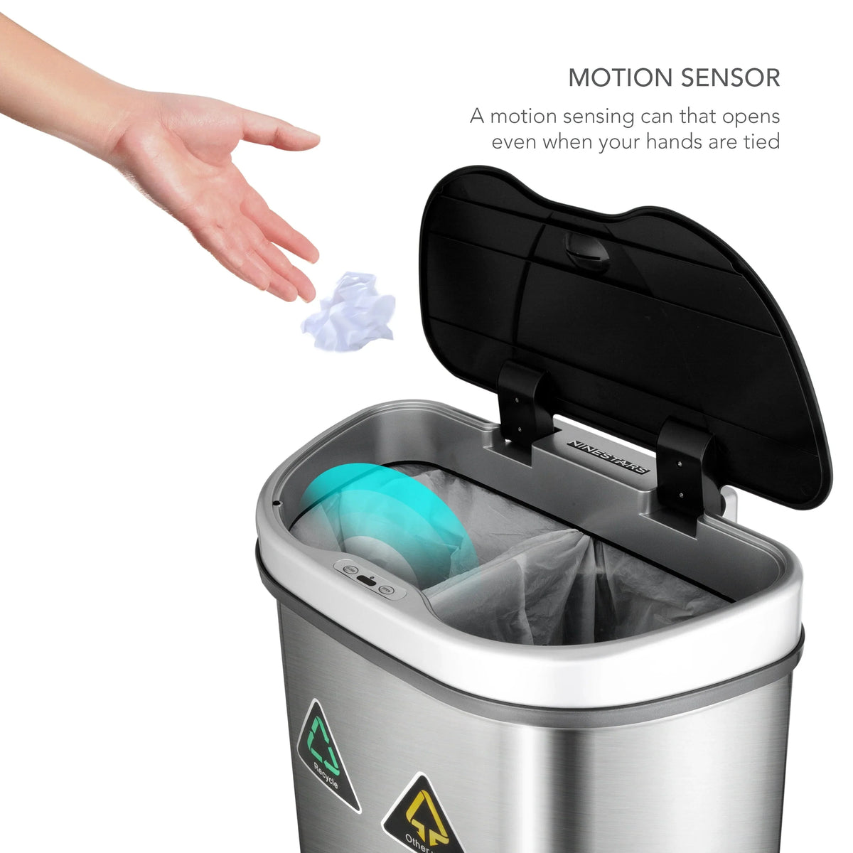 18 Gallon Dual Compartment Motion Sensor Trash Can. Automatic Hands-Free Kitchen Garbage Bin