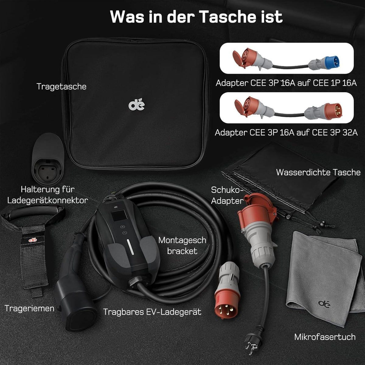 dé Mobile Wallbox/Ladestation 11kW [3-phasig|7m|6-16A] mit Traveller Adapter Set. Ladekabel CEE 16A auf Typ 2 und EV Ladegerät für Model Y/3. ID.3/4/5