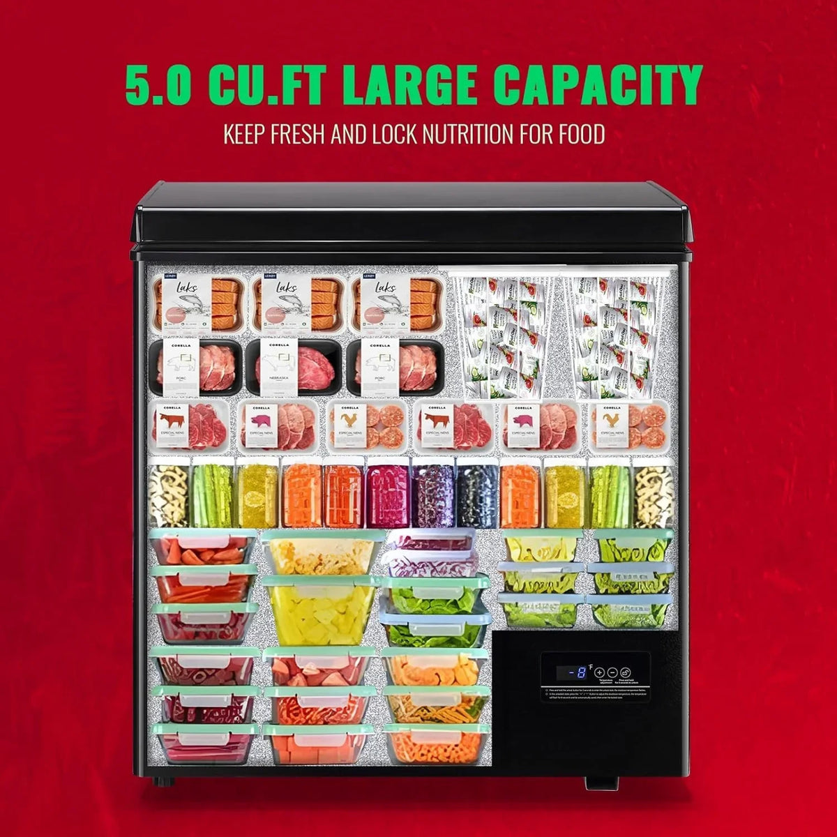 5.0 Cu. Ft. Chest Freezer with 2 Removable Stainless Steel Baskets. Electronic Control. 41°F to -15°F. Black