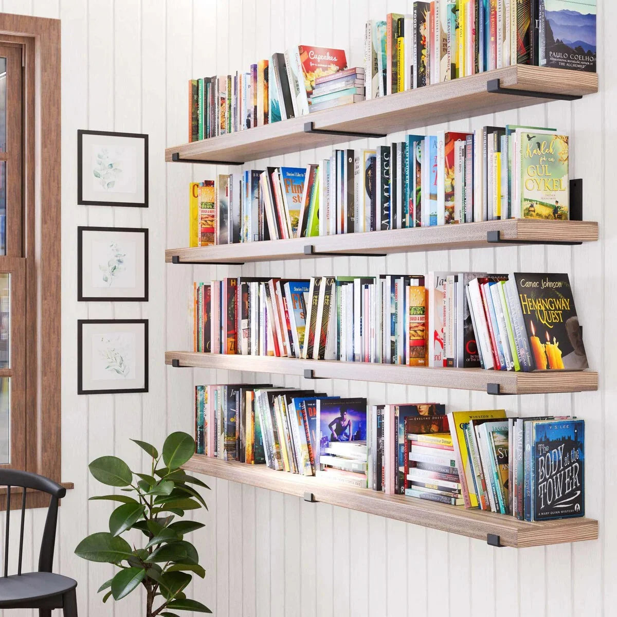72 Inch Floating Wood Wall Shelves. Set of 2 Burnt Wood Display and Storage Shelves for Home Decor