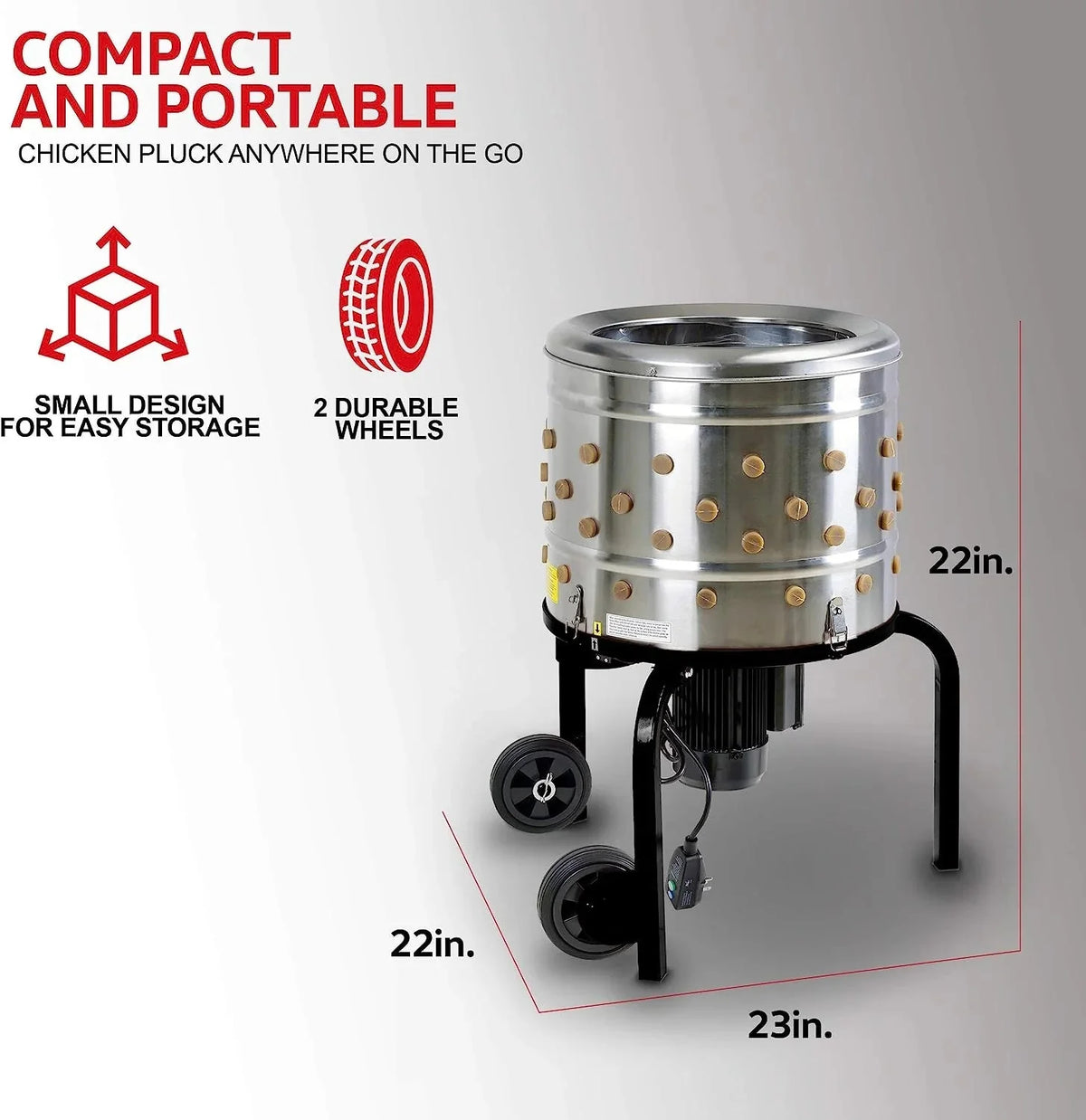 1 HP Electric Chicken Plucker. Stainless Steel. 120VAC. 280 RPM. 20-Inch Drum. 92 Soft Fingers