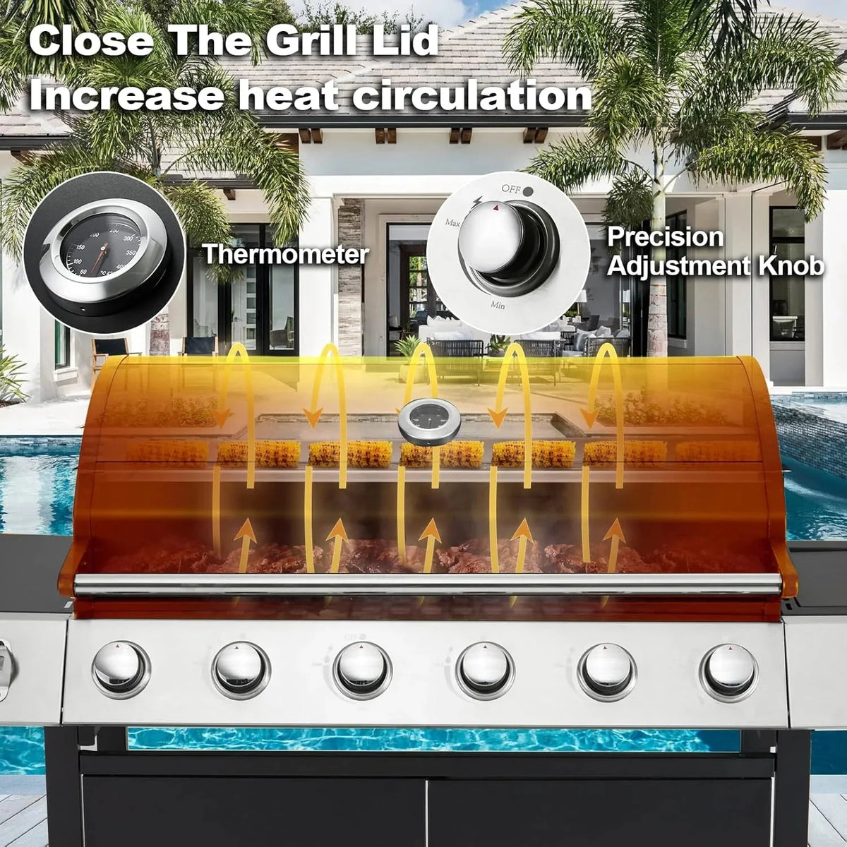 4-Burner Propane Gas Grill with Cast Iron Grates. Side Stove and 44.000 BTU Stainless Steel Burners