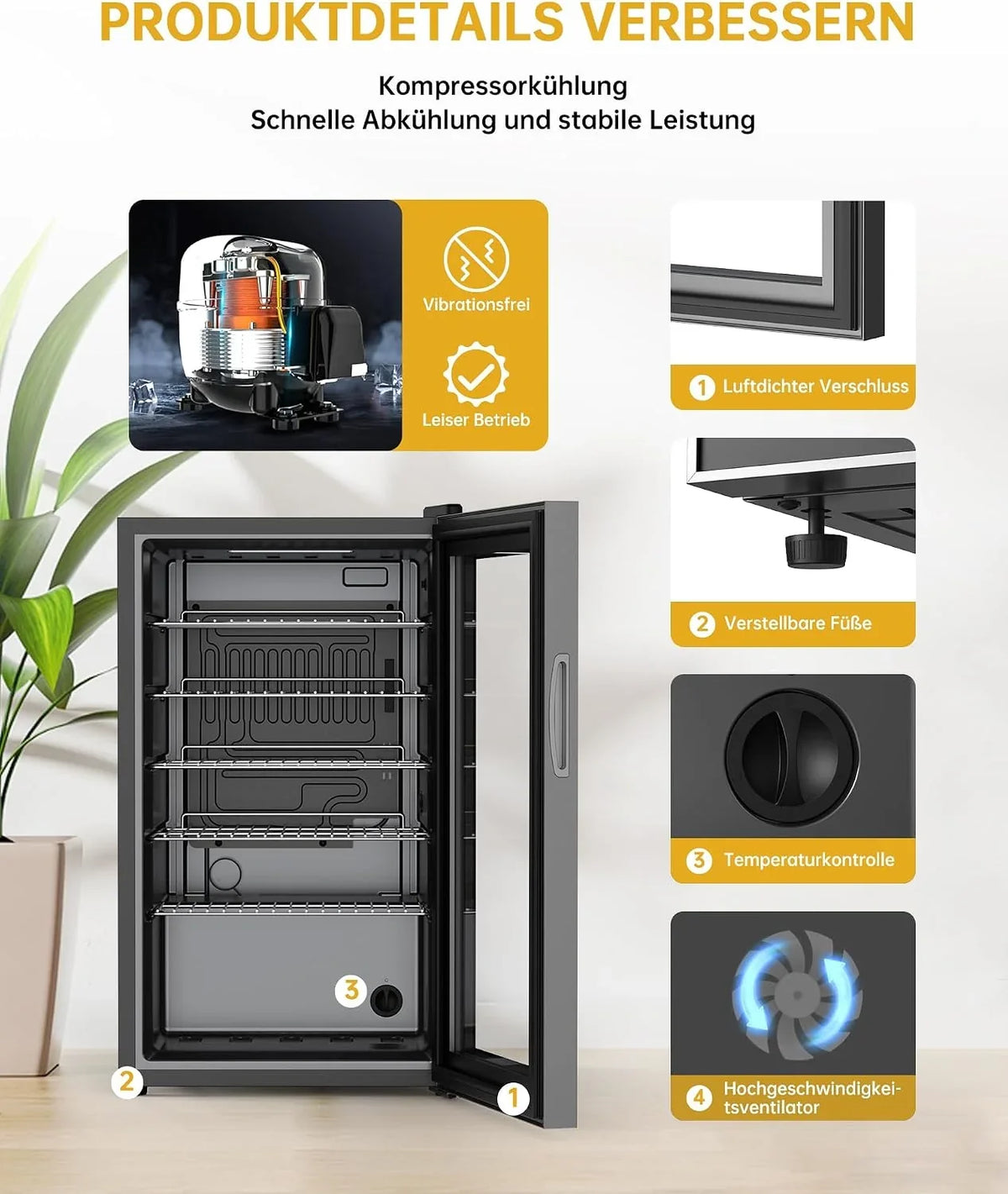 WIE Mini Kühlschrank Getränkekühlschrank 70 Liter mit Doppelte Glastür mit Verstellbaren Ablagen Indoor Outdoor Klein Bierkühlschrank Leise 105 Dosen