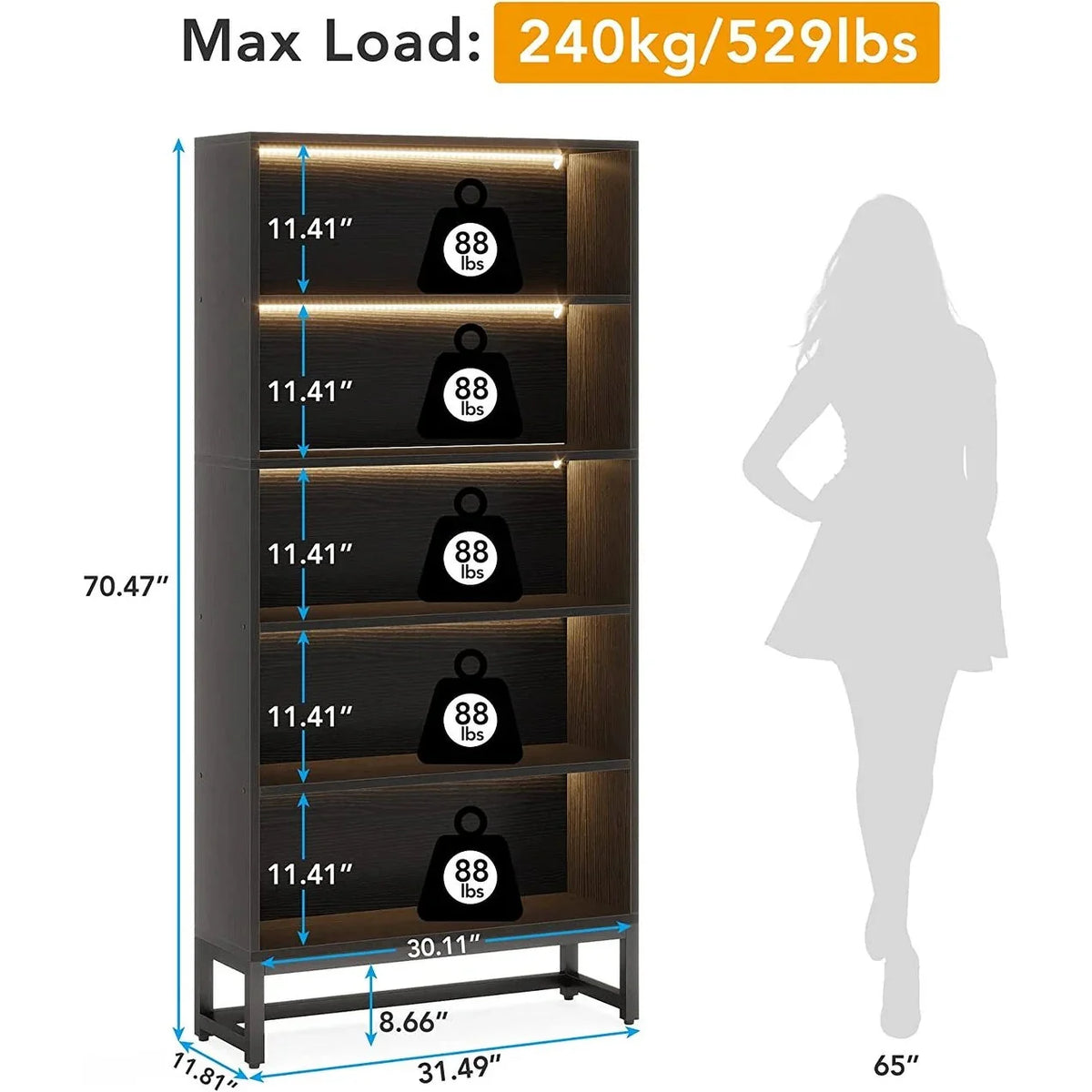 70.87 Inch Tall 5-Tier Bookcase. Large Bookshelf with 31.5 Inch Wide Storage