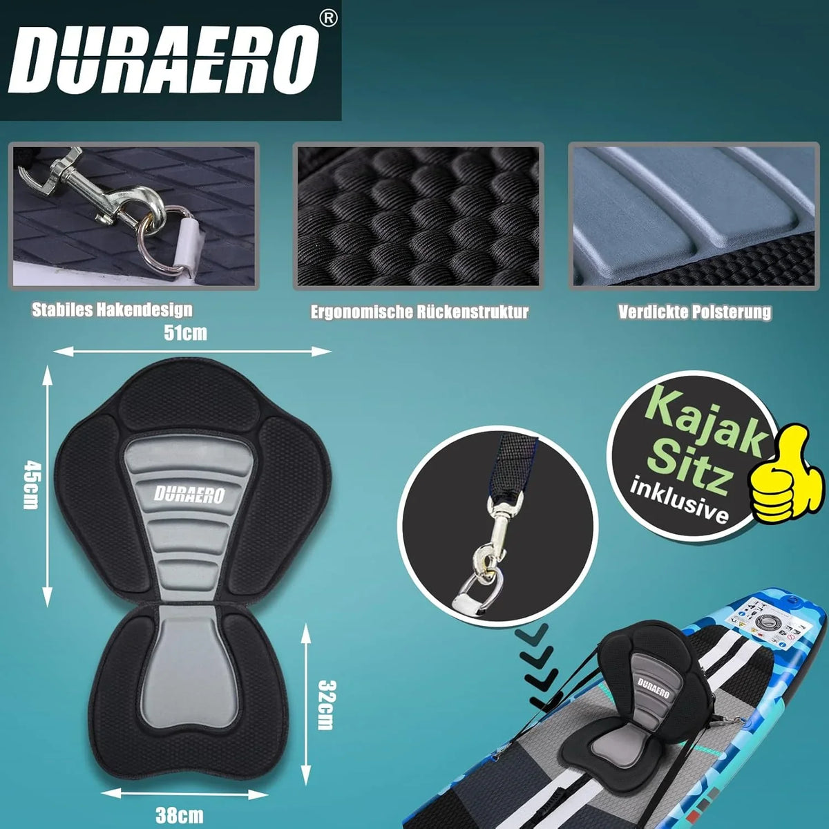 Inflatable Paddle Board with Kayak Seat. 330 x 76 x 15 cm. up to 150 kg. Integrated Pad. Detachable Fin. Double Adjustable Paddle. Repair Kit. Blue