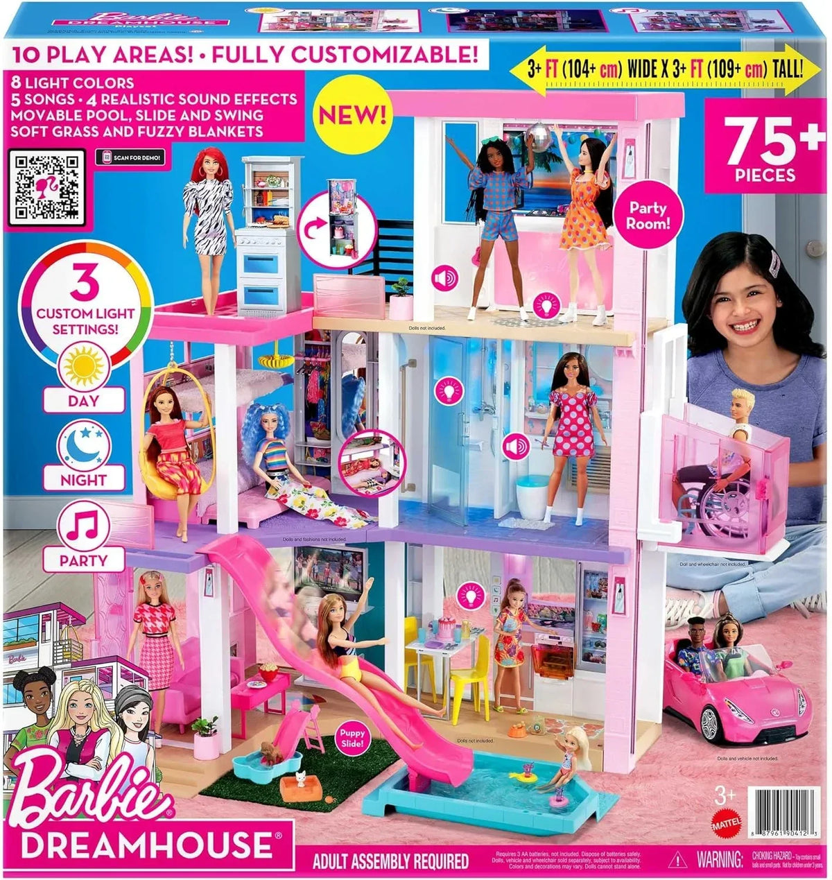 Barbie Casa de Muñecas Dreamhouse - con Piscina. Tobogán y Ascensor - Luces y Sonido - 75+ Piezas - 104 x 109 cm - Regalo para Niños de 3-7 Años.