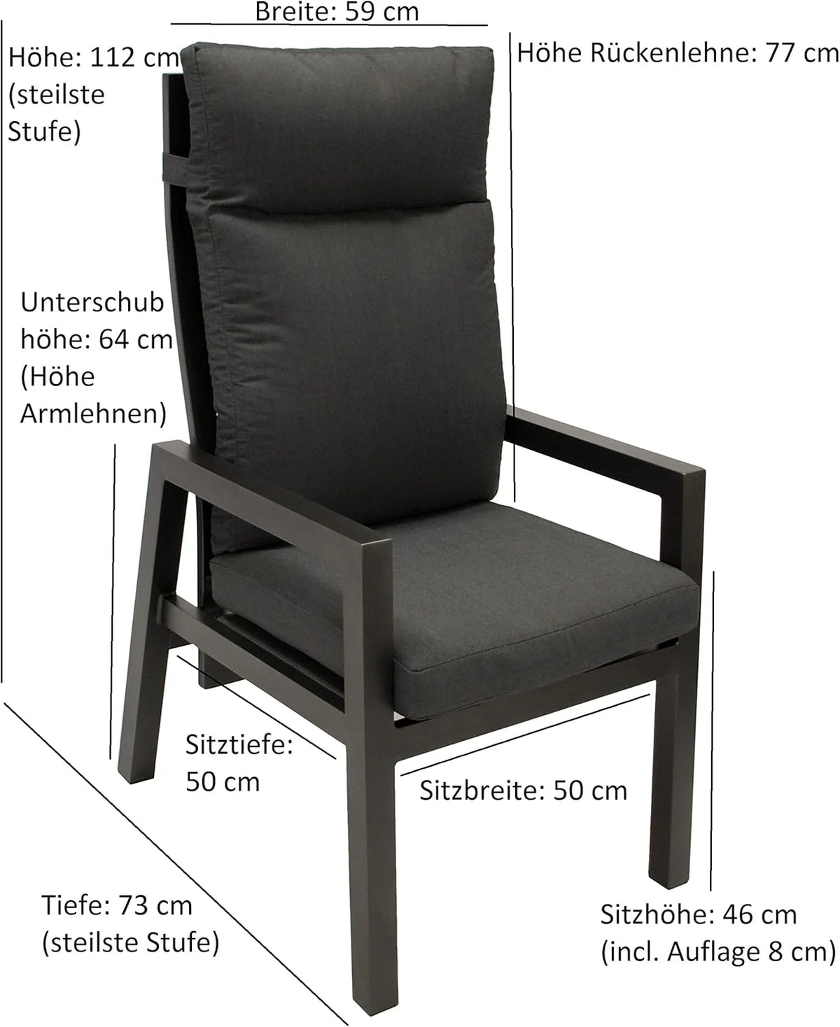 DEGAMO 2X Hochlehner Gartensessel MANCIANO. Aluminium rostfrei anthrazit. mit Polstern dunkelgrau. Rückenteil stufenlos verstellbar mit Gasfeder