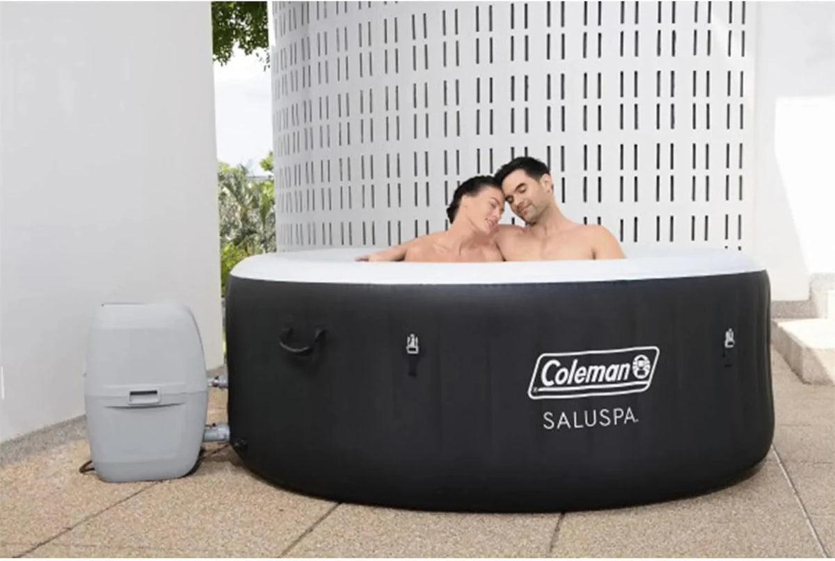 2-4 Person Inflatable Hot Tub. Portable Round Outdoor Spa with 120 Soothing Air Jets and Insulated Cover. Black