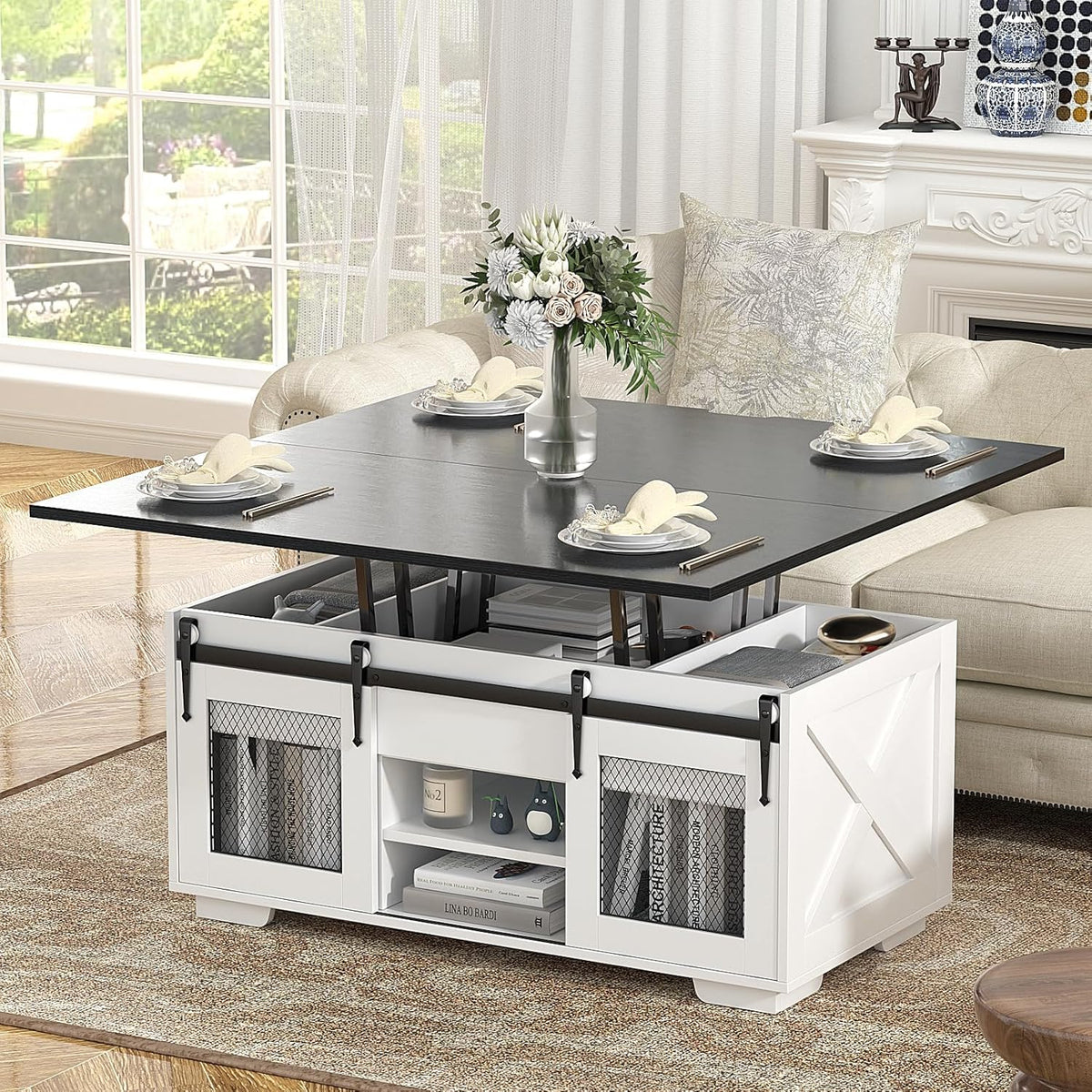 VOWNER Mesa de Centro Elevable. Mesa Extensible. Multifuncional 3 en 1 con Almacenamiento Oculto - Comedor. Convertible. Estilo Granja. Nogal
