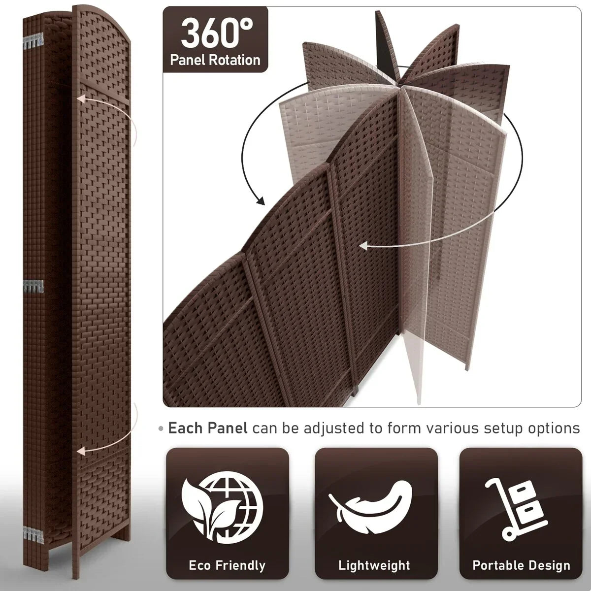 6 Panel Room Divider. 6ft Tall Extra Wide Folding Privacy Screen with Hand-Woven Mesh Panels