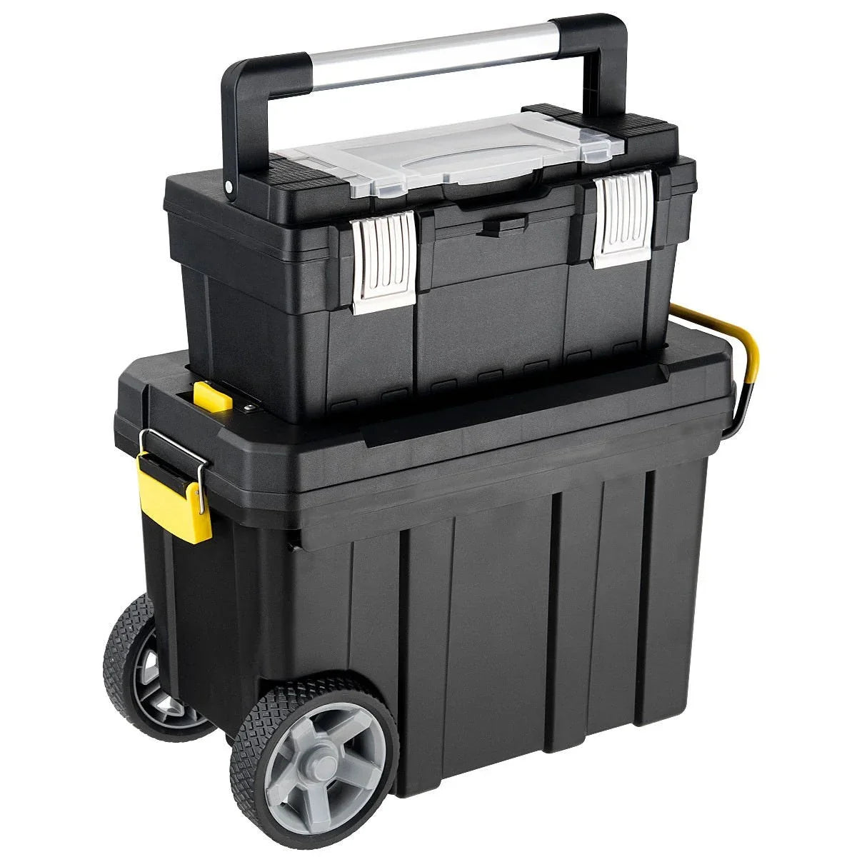 2-in-1 Rolling Toolbox. Portable Plastic Tool Organizer and Storage Box Set