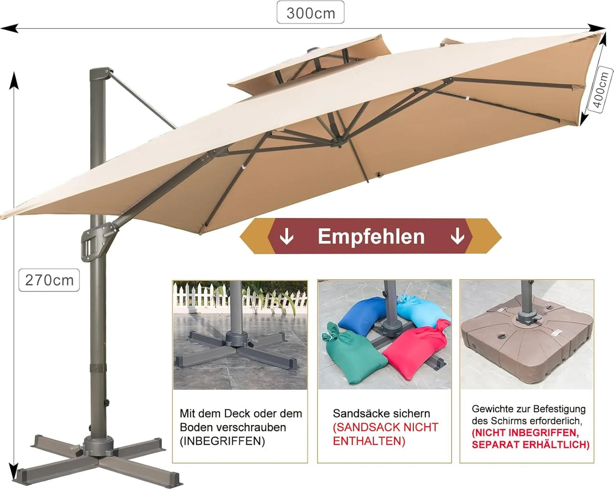LKINBO Sonnenschirm 300 x 400 cm Rechteckig mit Ständer und Kurbel. Groß Ampelschirm Terrassenschirm 360°Drehbar Parasol Windfest Gartenschirm