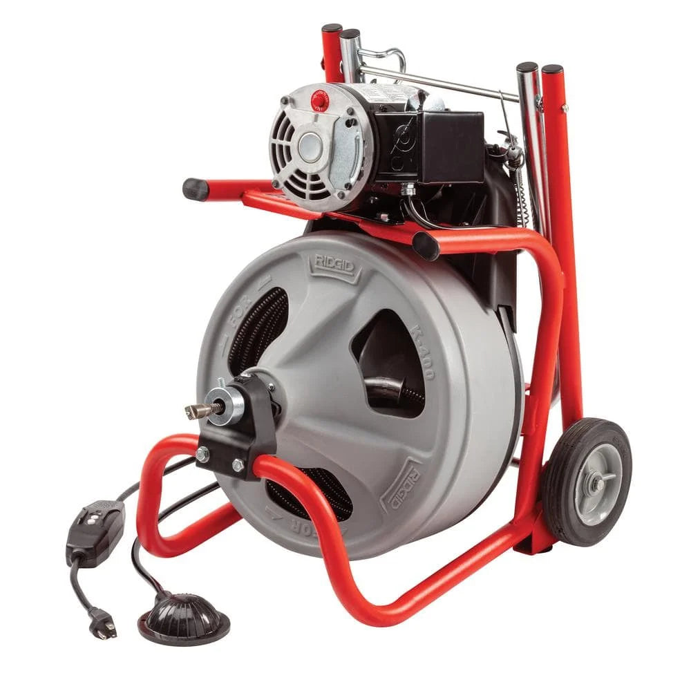 120V Drum Drain Cleaning Snake Auger with 3/8-In. x 75-Ft. Cable. 4-Piece Tool Set and Gloves