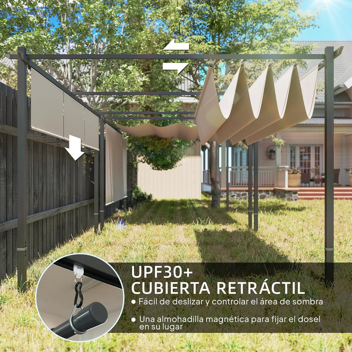 Outsunny Pérgola de Jardín 4x3 m con Techo Retráctil y 3 Laterales Enrollables. Cenador de Jardín Montado en Pared o Independiente. con UPF30+.