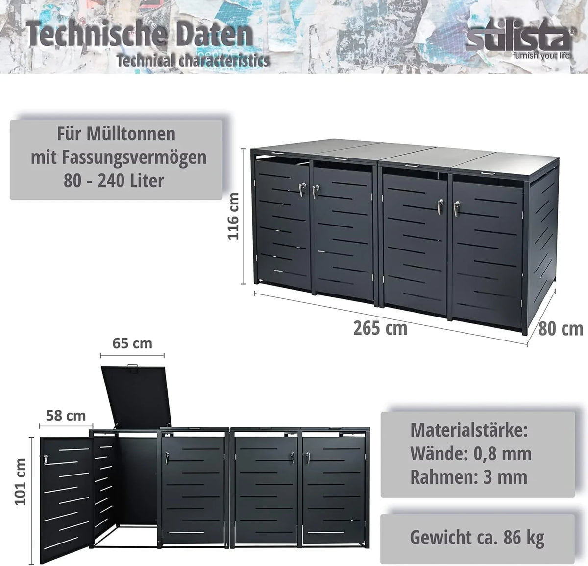 STILISTA Mülltonnenverkleidung aus Metall. für 4 Mülltonnen je 240 Liter. anthrazit