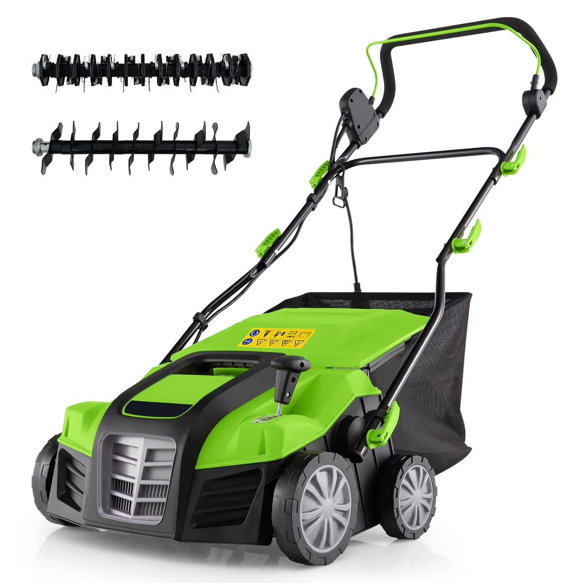 2-in-1 Electric Scarifier and Lawn Dethatcher. 16-Inch 15A Corded Dethatcher with 14.5-Gallon Collection Bag