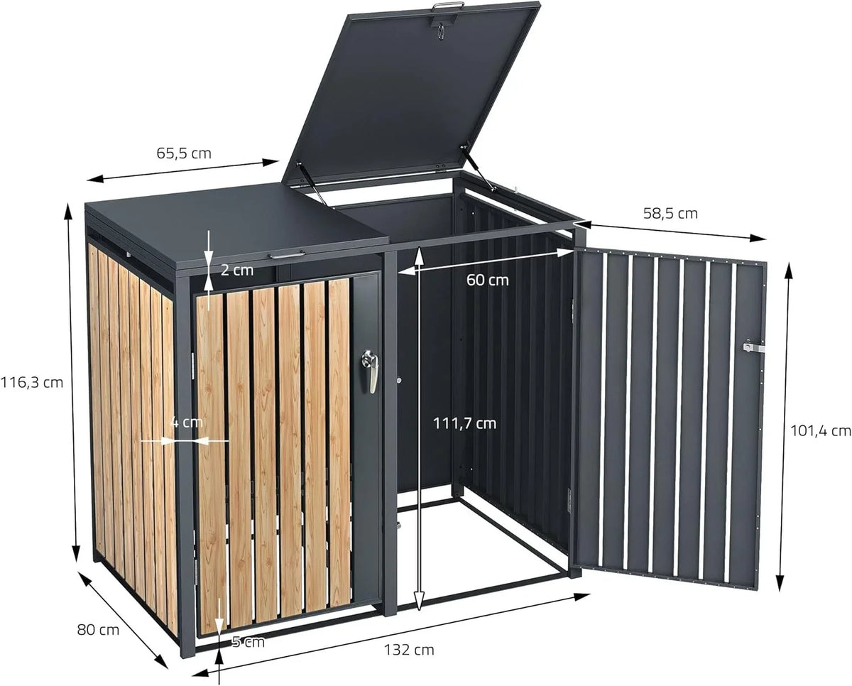 ML-Design Mülltonnenbox 3er 3 Tonnen 240L 200x80x116.3cm Anthrazit-Holzoptik. Stahl wetterfest/abschließbar Mülltonnenverkleidung Klappdeckel/3 Türen.