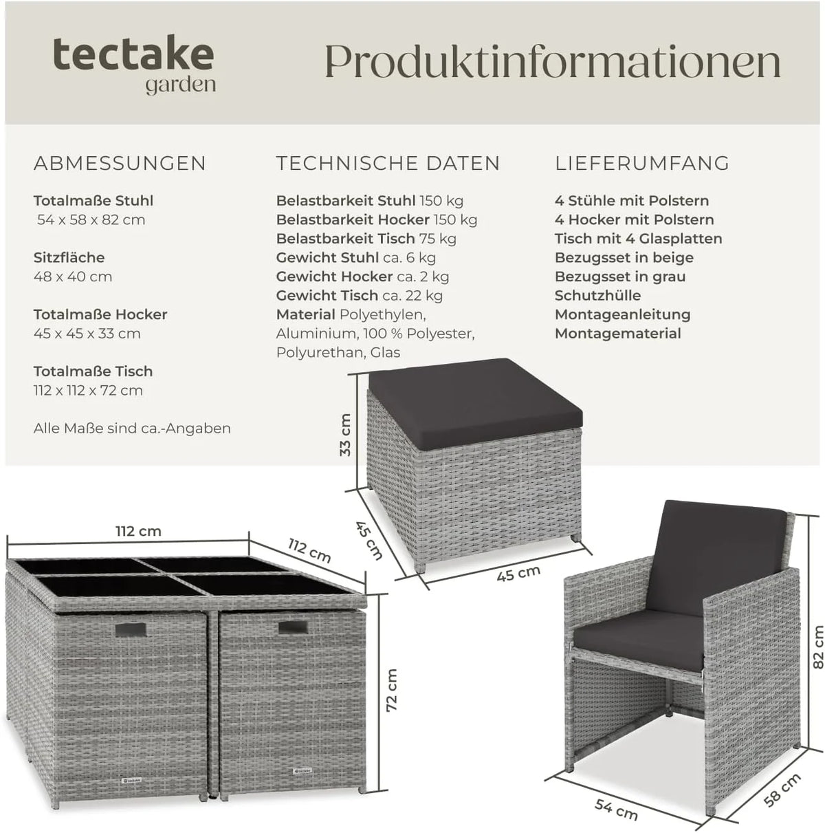 tectake Lounge Möbel Set 4X Stühle. 4X Hocker. 1x Tisch. platzsparende Cube Aufbewahrung. Outdoor Rattan Gartenmöbel für Balkon. Garten und Terrasse.