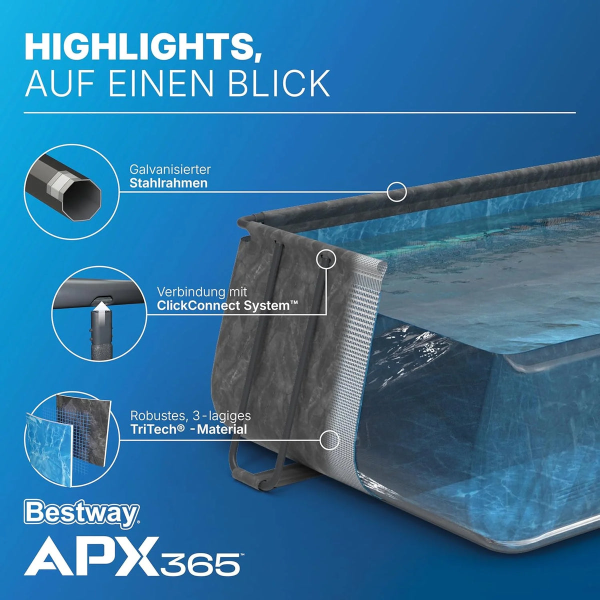 Bestway APX365 Winterfestes Frame Pool Set. Sandfilteranlage. 549 x 274 x 132 cm. 16.477 L. Stahlrahmen. Polar-Shield. Dunkle Marmor-Optik.