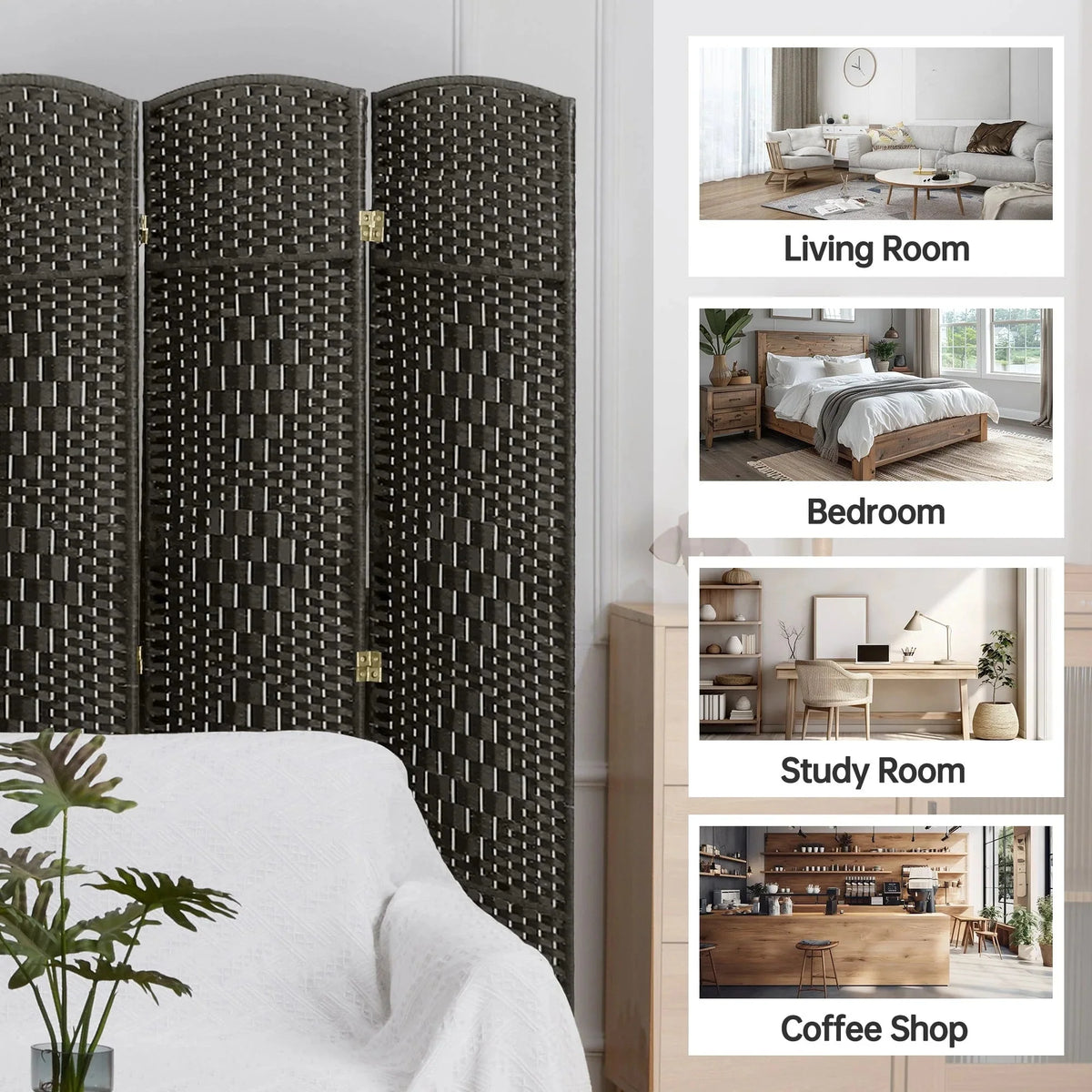 6 FT Tall Woven Fiber Room Divider. Freestanding Folding Privacy Screen