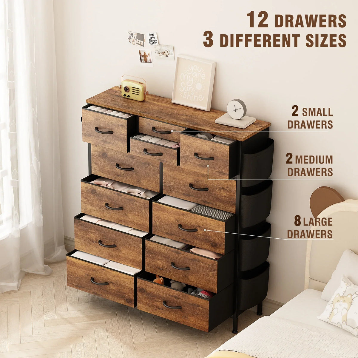 12 Drawer Fabric Dresser. Tall Bedroom Chest of Drawers with Storage
