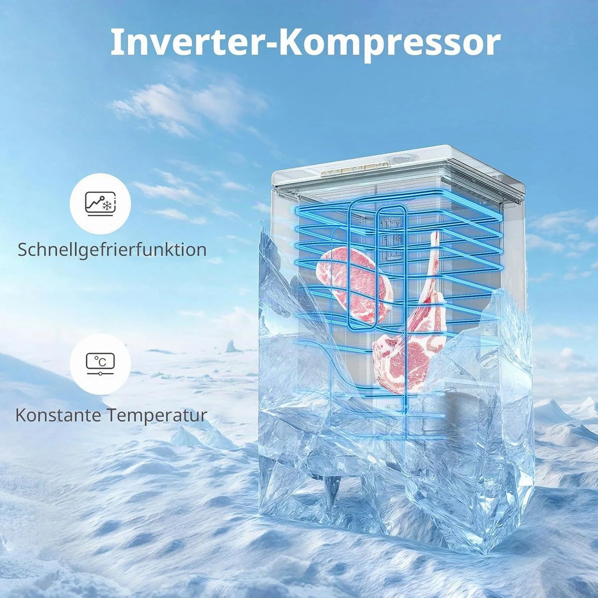 Comfee 198L Gefriertruhe. leise 37 dB. 4-Sterne-Gefrieren. Kühl-/Gefrier-Konvertierung (1–10°C / -24––12°C). 24‐h‐Schnellgefrierung 9kg.