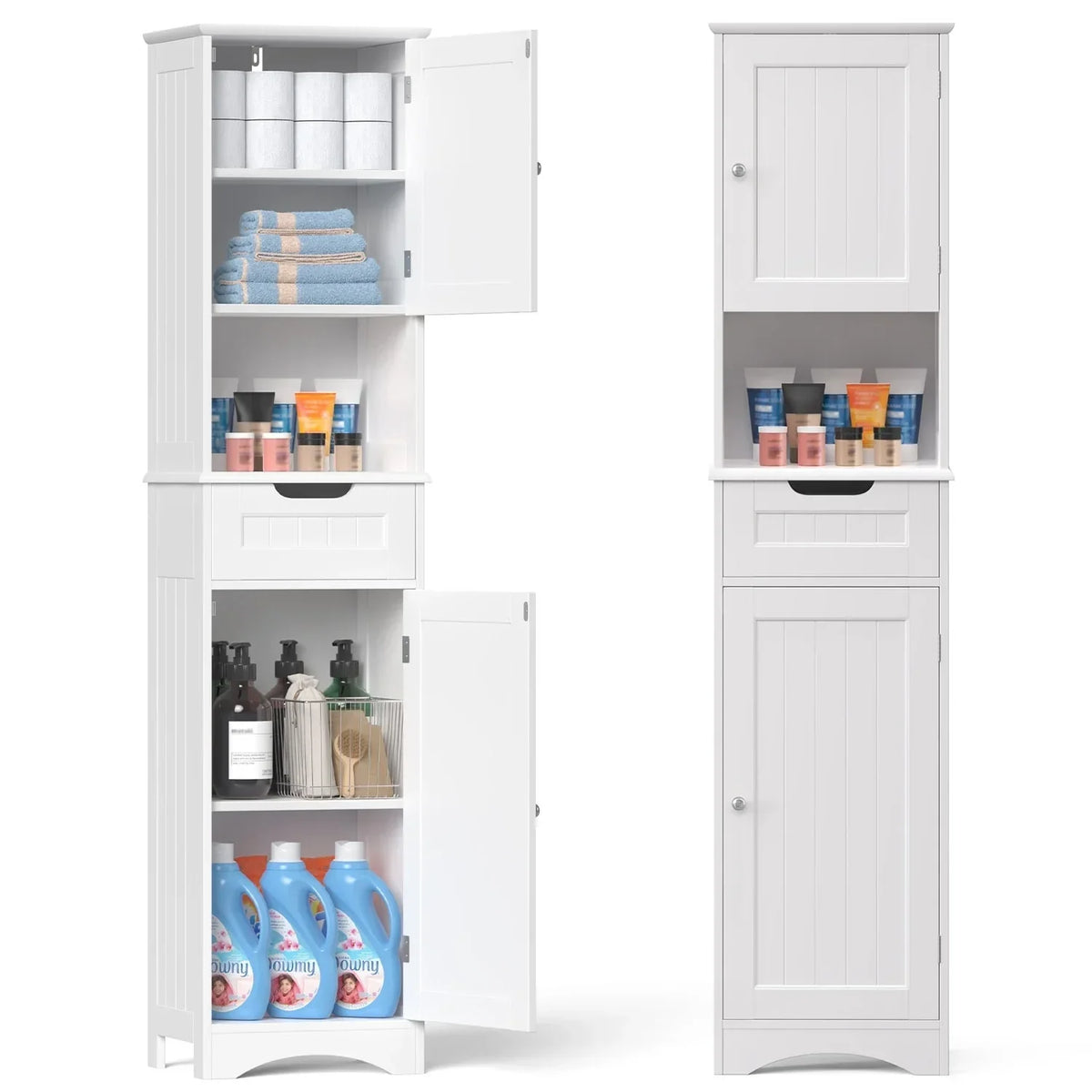 67 Inch Tall Narrow Bathroom Linen Cabinet. 5-Tier Solid Wood Freestanding Storage Cabinet