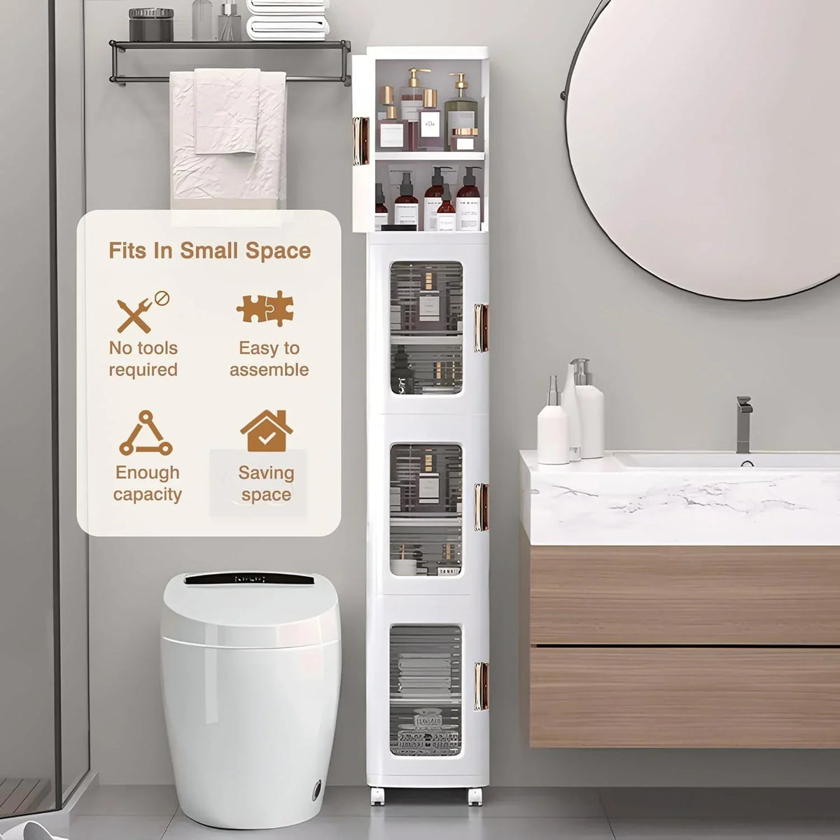 4-Tier Tall Narrow Plastic Storage Cabinet. Slim Vertical Organizer for Bathroom. Bedroom and Home Storage