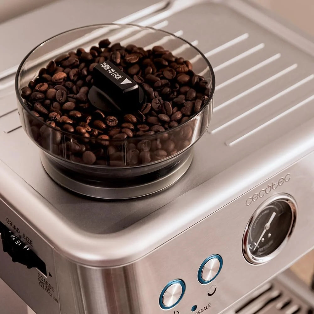 Cecotec Cafetera Express Barista Power Espresso 20 Barista. 2250W. 20 Bares. Manometro y 2 Thermoblocks. Depósito de Café en Grano. Molinillo con 20
