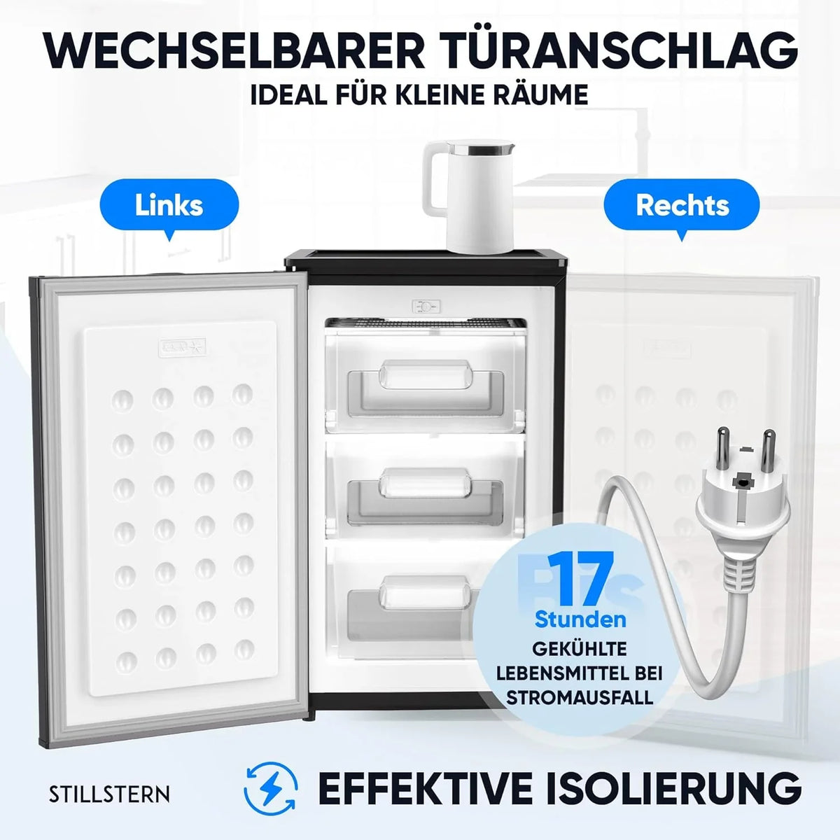 Stillstern Gefrierschrank C (73L) 4-Sterne-Gefrierfach -18°C ger. Energiever. Mini Freezer mit 3 Fächer. stufenlos reg. Temp.. kleine Tiefkühltruhe.