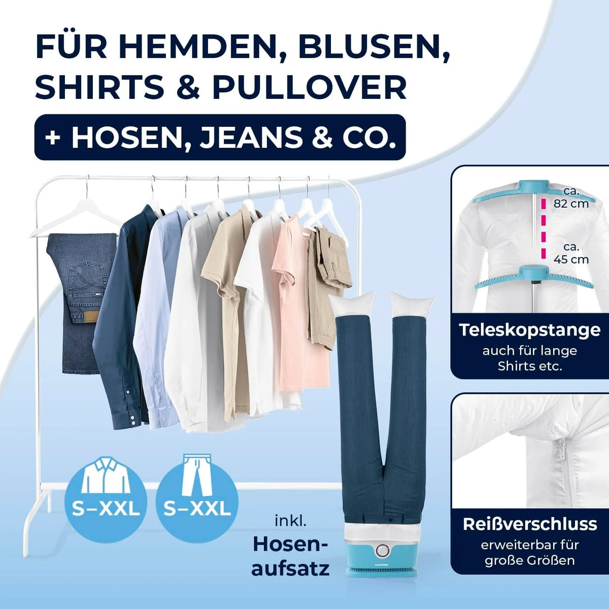 CLEANmaxx automatischer Hemdenbügler inklusive Hosenaufsatz | Bügler für Hemden. Blusen & Hosen. schonender als Wäschetrockner und Bügeleisen |