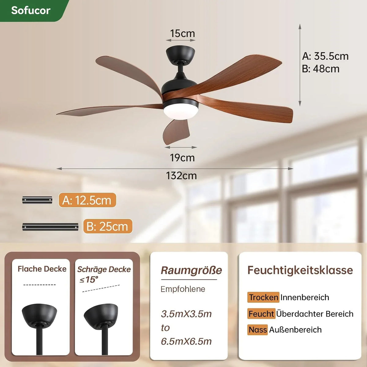 Sofucor Smart Deckenventilator mit Beleuchtung.132cm Deckenventilator mit Licht. Kompatibel mit Alexa/APP. Fernbedienung. 3 Farbtemperatur. Timer. 6