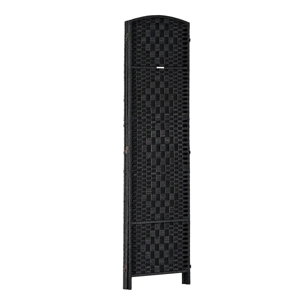 6 Ft Tall Four-Panel Wicker Weave Room Divider. Black Wood Privacy Screen