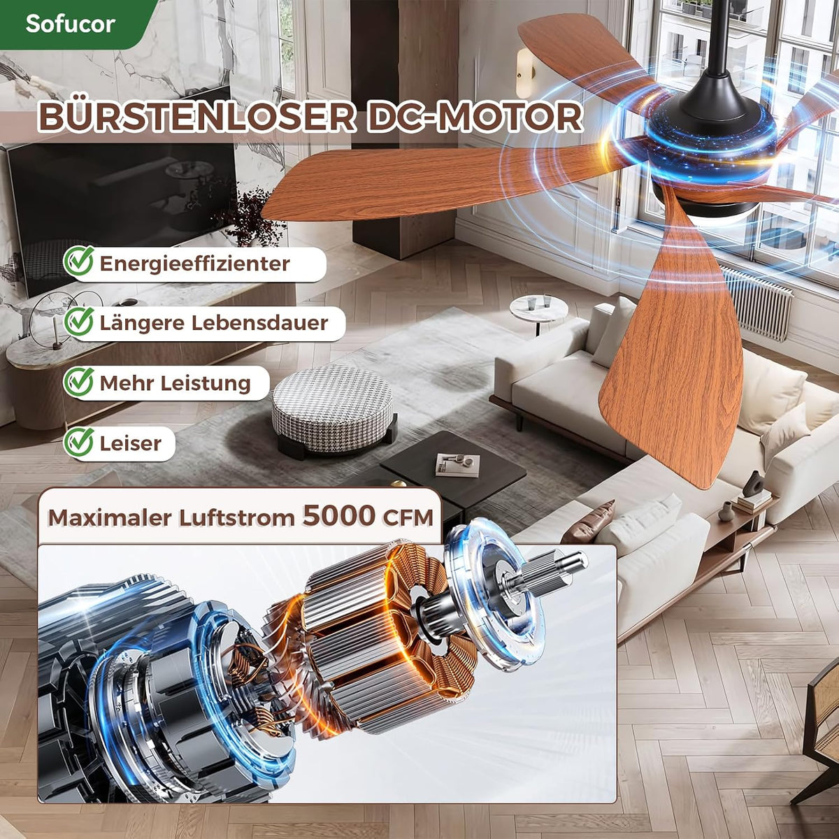 Sofucor Smart Deckenventilator mit Beleuchtung.132cm Deckenventilator mit Licht. Kompatibel mit Alexa/APP. Fernbedienung. 3 Farbtemperatur. Timer. 6