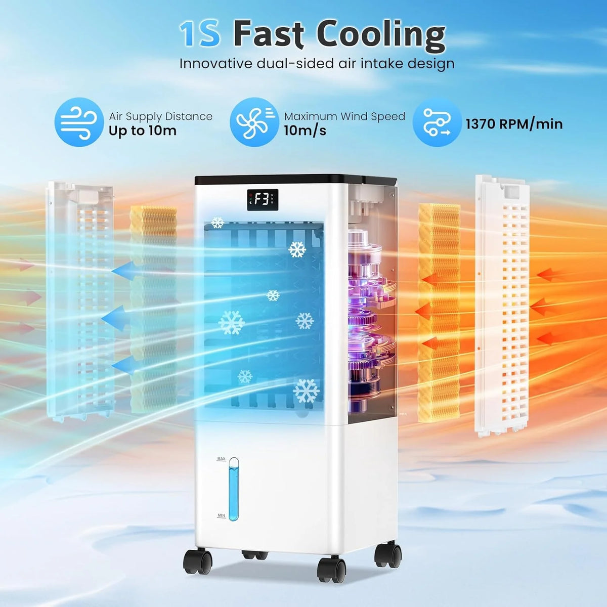 Aire Acondicionado Portátil sin Tubo. Enfriador de Aire Grande 4 en 1. 4 Modos 3 Velocidades. Climatizador Evaporativo 60W. Temporizadores de 1-12 H.