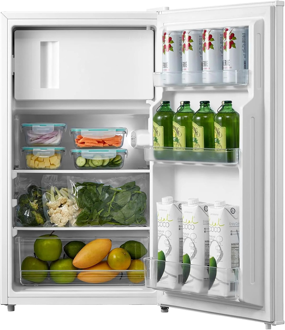 Comfee RCD80WH3(E) Kühlschrank mit Gefrierfach. 80L Kleiner Kühlschrank. Obst- und Gemüsefach. 84.5 cm Höhe. 47.5 cm Breite. 110 kWh pro Jahr.