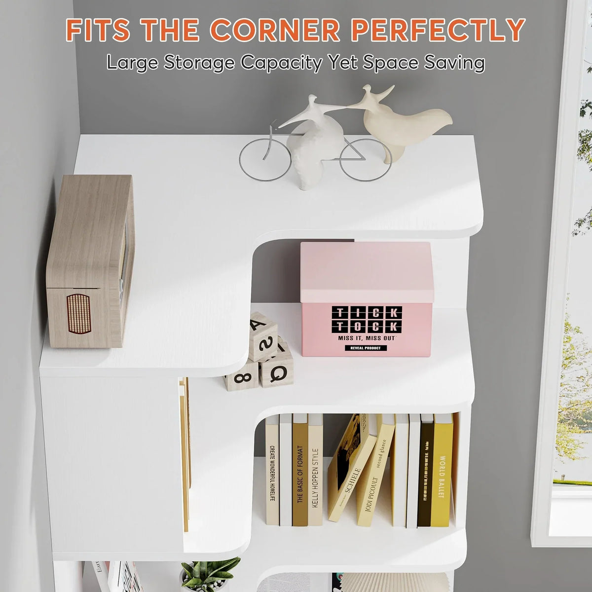 64.9 Inch Tall 6-Tier Corner Bookshelf. Freestanding Wood Industrial Bookcase